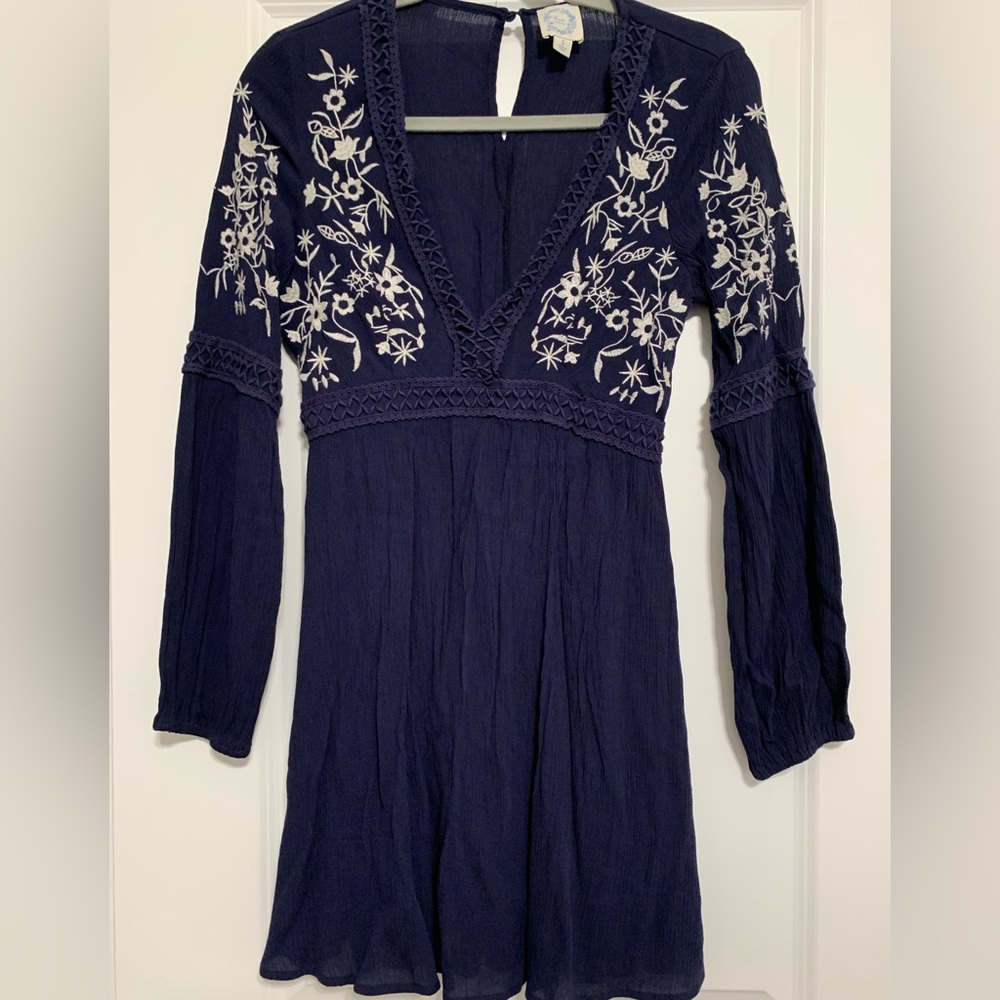 Blue Rain Francescas Embroidered Midi Dress‎ Size Small Navy Blue Women